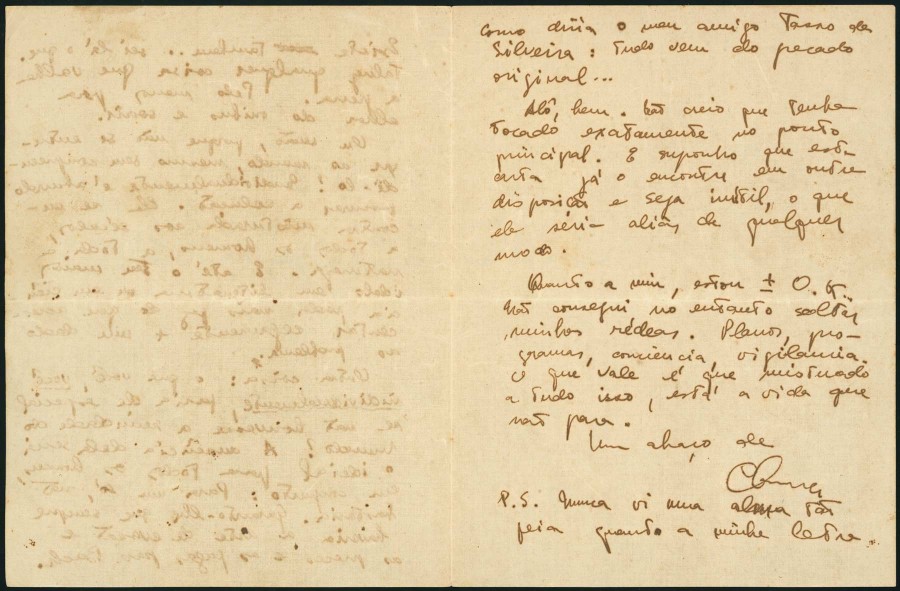 Manuscrito raro com a letra da escritora e jornalista Clarice Lispector. (Foto: Reprodução / Instituto Moreira Salles) 