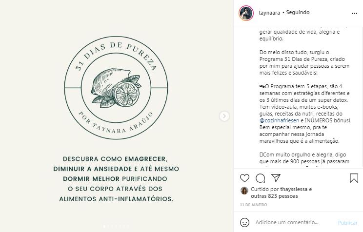 FONTE: Programa 31 Dias de Pureza, da nutricionista Taynara Araújo, divulgado no Instagram/Reprodução: Instagram