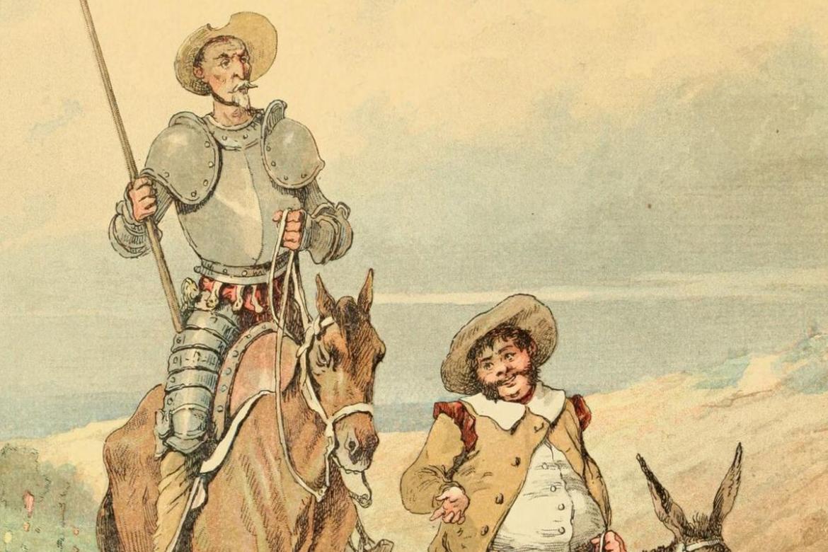 Dom Quixote montado em seu cavalo ao lado de seu escudeiro Sancho Pança.