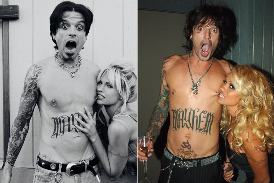 À esquerda, Sebastian Stan e Lily James caracterizados recriando a foto ao lado de Tommy Lee e Pamela Anderson