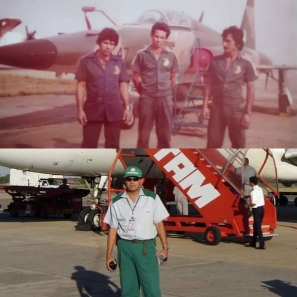 Na imagem superior, Álvaro está entre dois colegas de trabalho, na década de 1970. Na imagem de baixo, Fábio, em 2006. Pai e filho abastecendo aviões no Aeroporto Internacional de Campo Grande.
