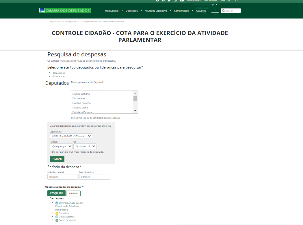 Página Controle Cidadão, no site da Câmara dos Deputados, permite o controle das despesas com a cota parlamentar por deputados federais (Foto: Página Controle Cidadão, da Câmara dos Deputados)