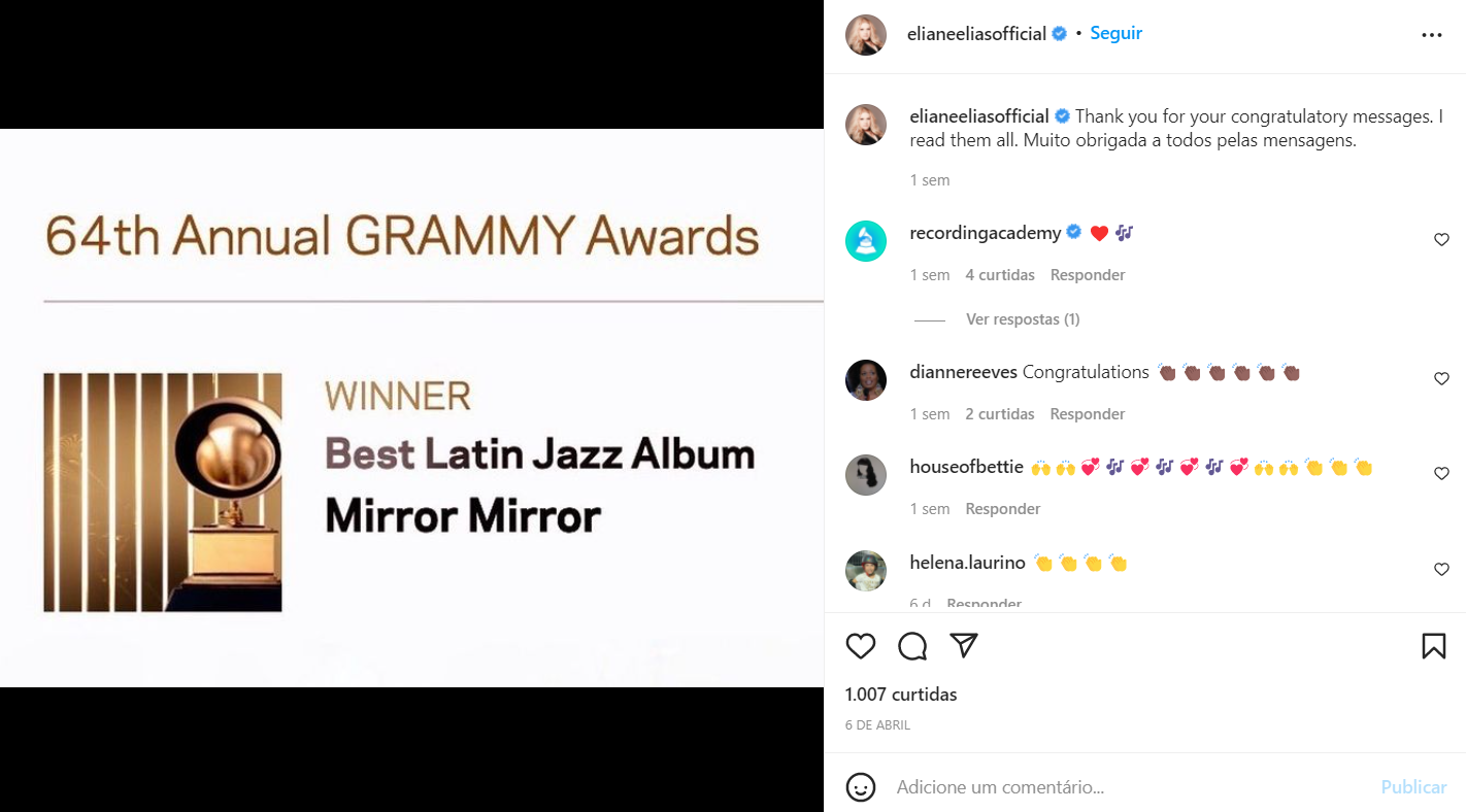 Eliane Elias agradece o prêmio de ‘Melhor Álbum de Jazz Latino’ no 64º Grammy Awards em 2022