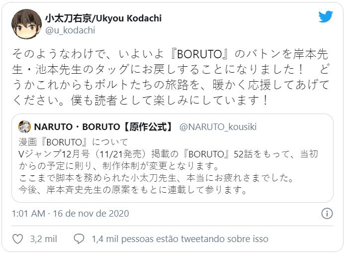 Criador de Naruto assumirá roteiros do mangá de Boruto