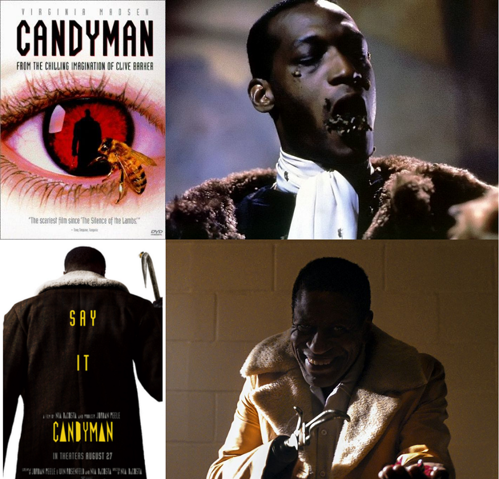 Imagens da parte superior esquerda para a inferior direita, Poster de 'O mistério de Candyman', Cena de 'O mistério de Candyman', Poster de 'A lenda do Candyman', Cena de  'A lenda do Candyman'.