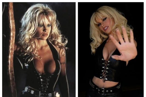 Pamela Anderson à esquerda e Lily James caracterizada à direita