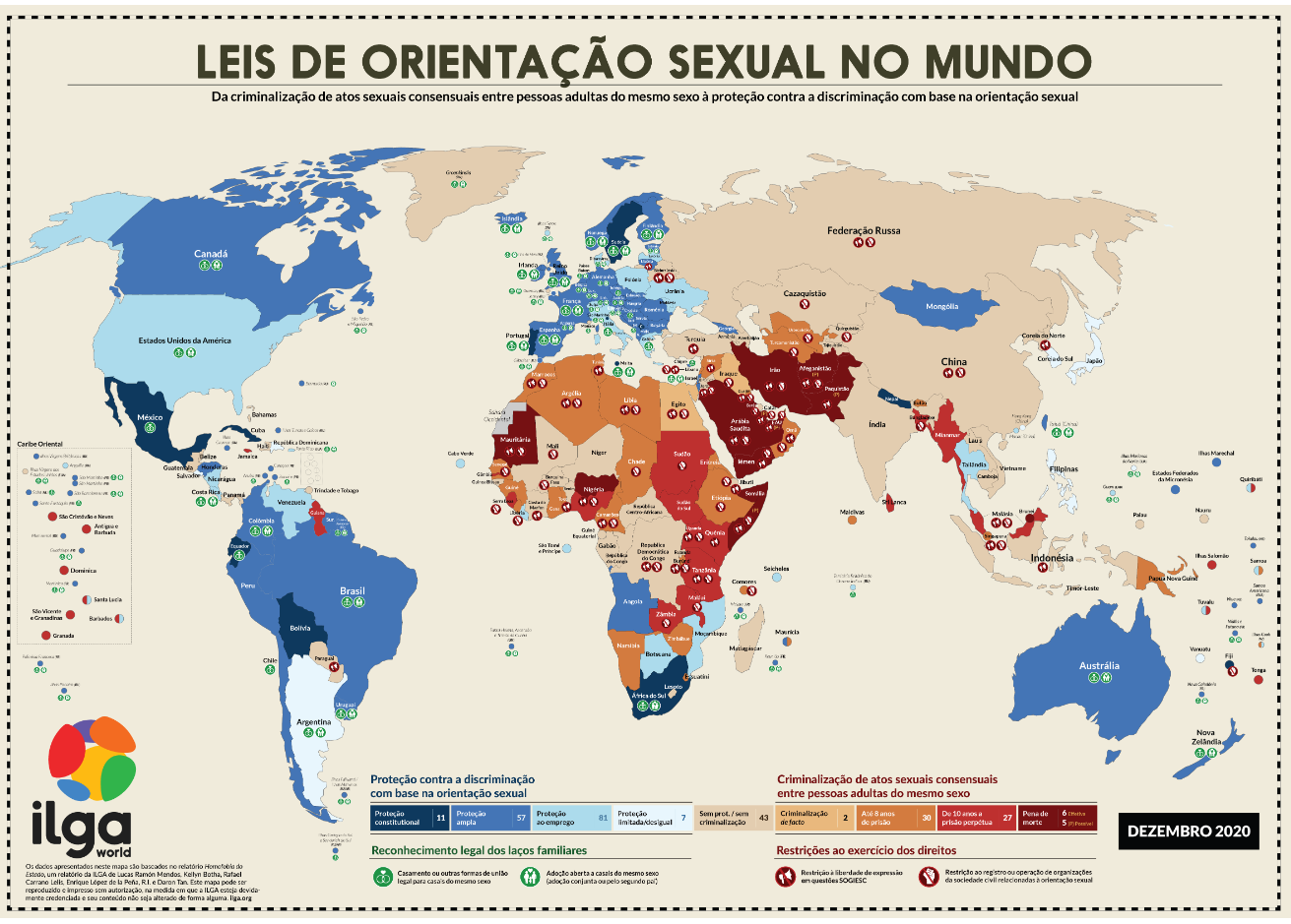  Mapa divulgado pelo ILGA mostra que o Brasil está entre os que mais protegem a comunidade.