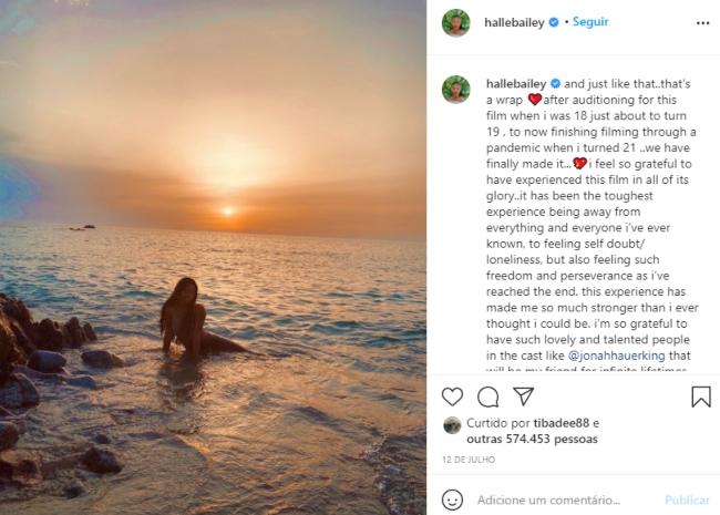 Post no Instagram de Halle Bailey sobre o fim das gravações