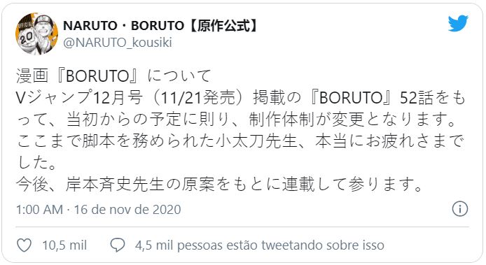 Criador de Naruto assumirá roteiros do mangá de Boruto
